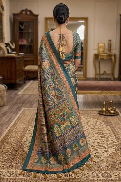 Elegant teal multicolour printed saree with velvet border and tassels