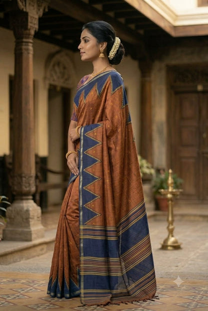 Mixture of kesari and brown colour saree chiffon fabric