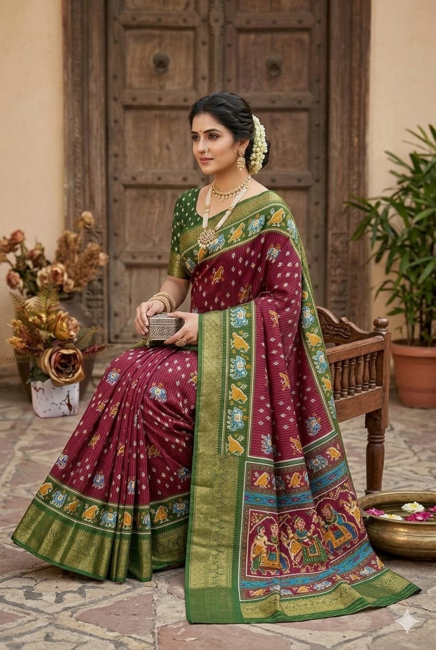 Dark maroon silky royal look saree