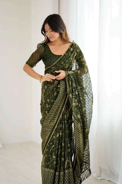 Black printed georgette saree with full sleeves blouse
