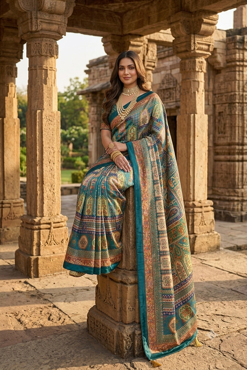 Elegant teal multicolour printed saree with velvet border and tassels