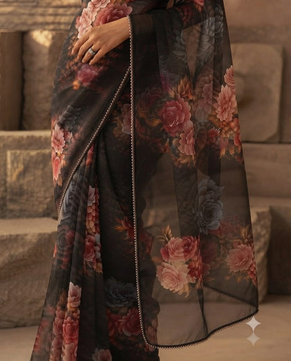 Exquisite black floral printed organza Saree with delicate embellished border