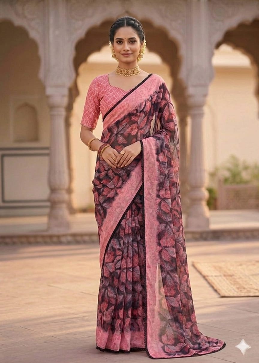 Pink&black chiffon febric for your easy to wear saree on daily basis