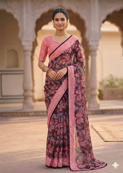 Pink&black chiffon febric for your easy to wear saree on daily basis