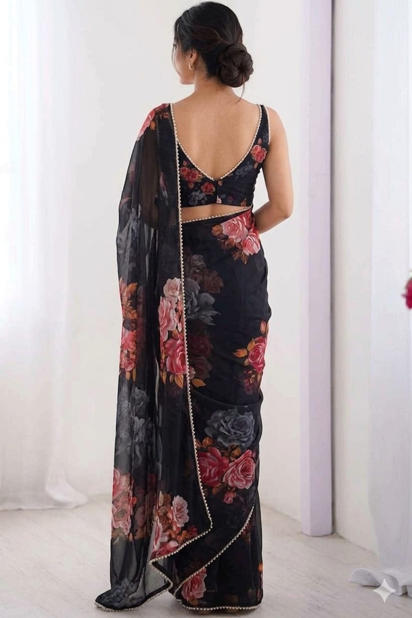 Black Georgette printed saris light weight breathable