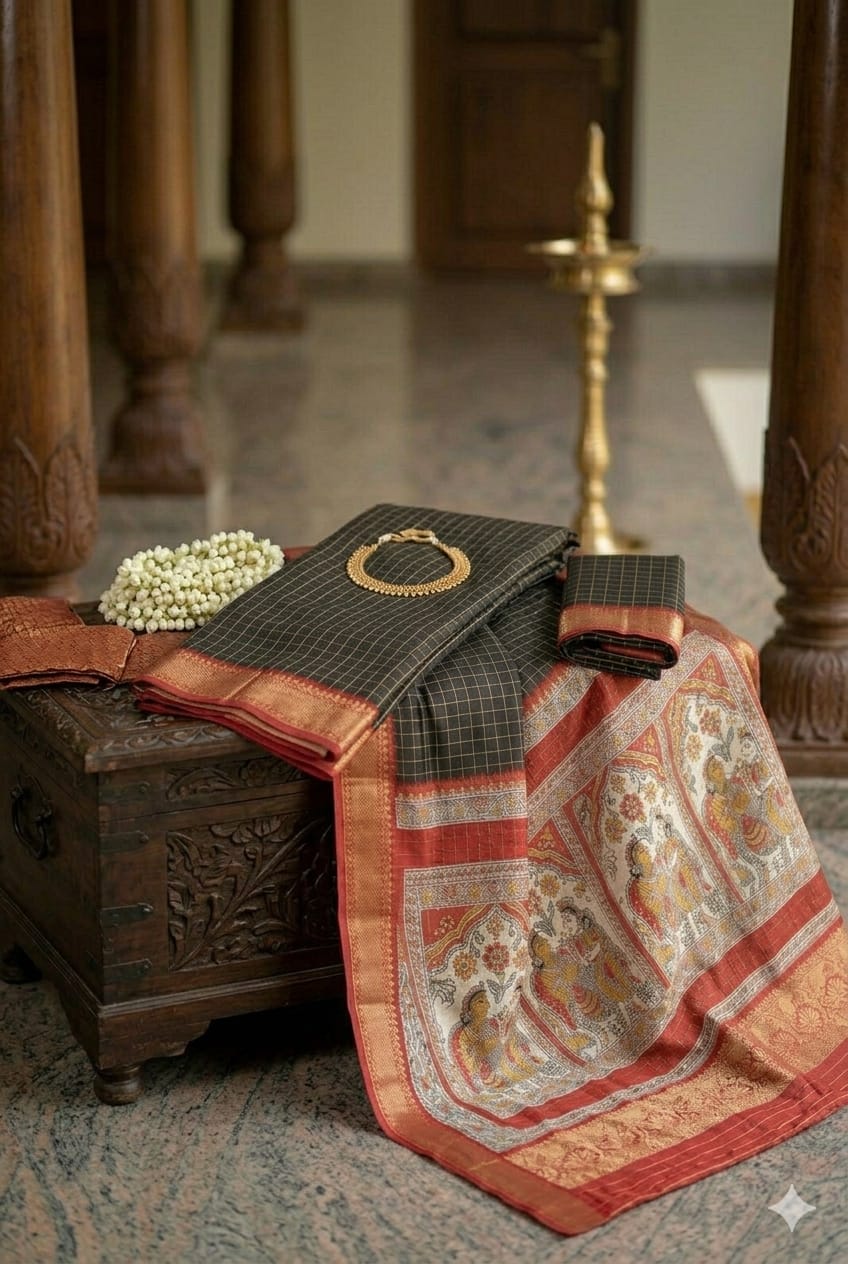 Dark black silky wedding wear saree along with premium craft on it