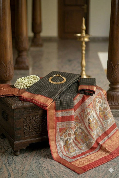 Dark black silky wedding wear saree along with premium craft on it