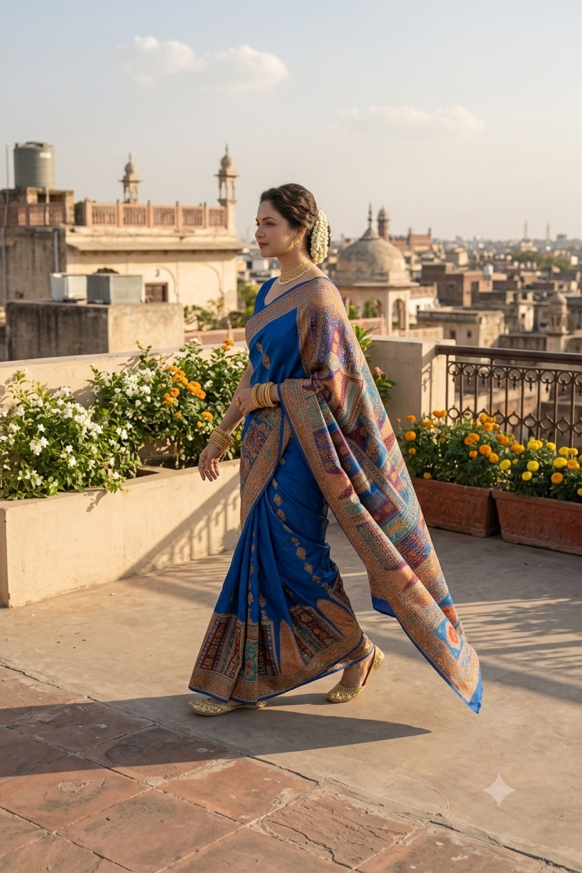 Exquisite royal blue silky saree with intricate patch work & zari border