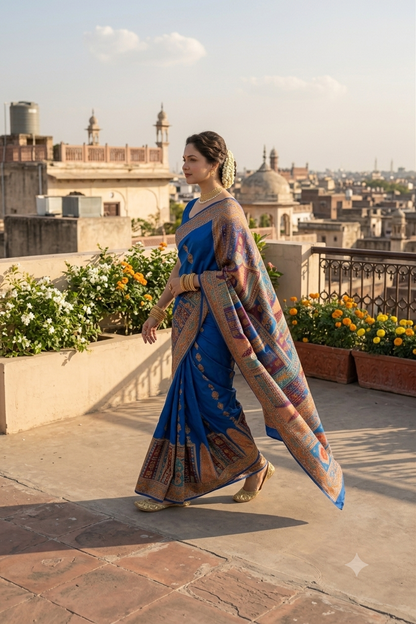Exquisite royal blue silky saree with intricate patch work & zari border