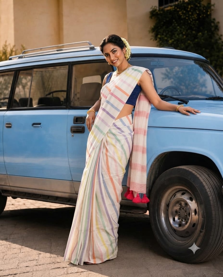 Elegant pastel striped linen saree with tassels perfect for you