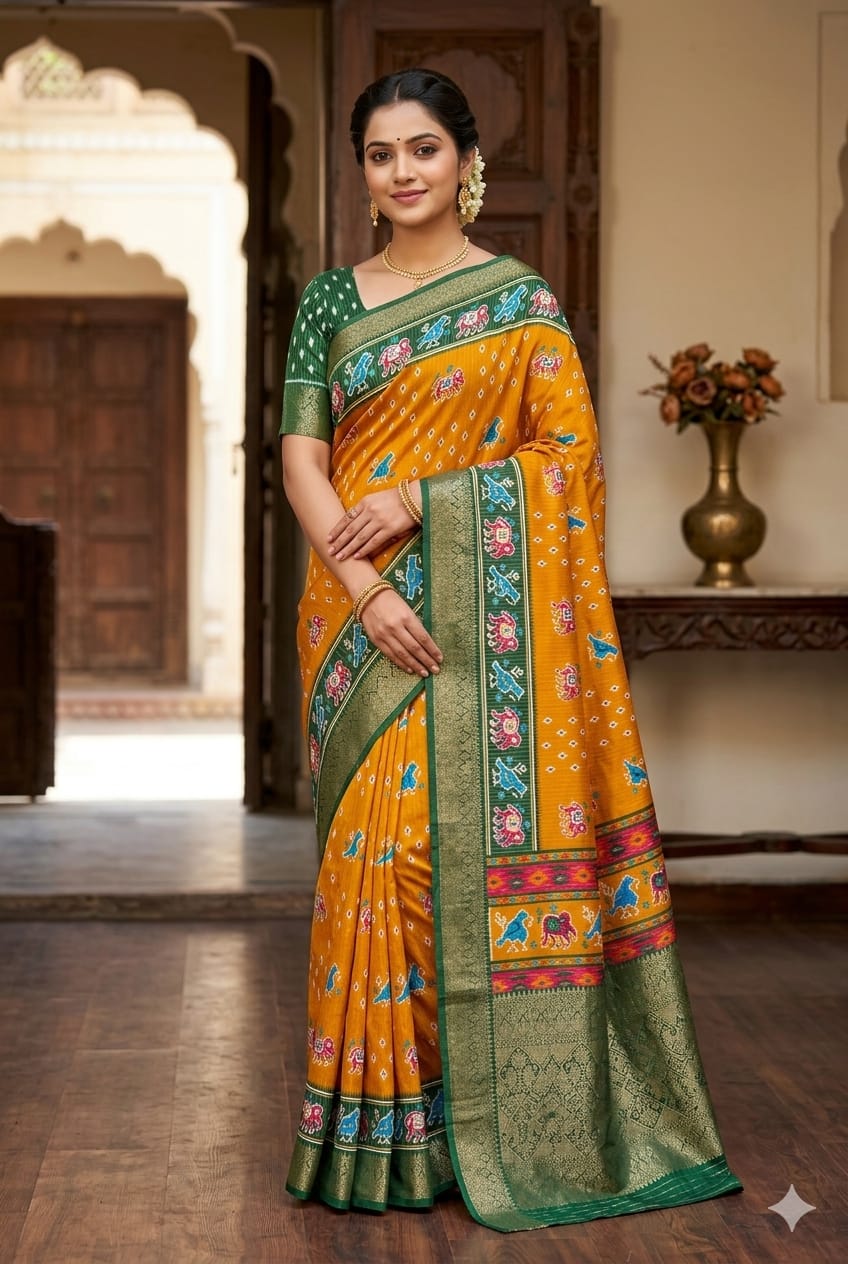 Yellow mango banarsi silky Saree premium quality
