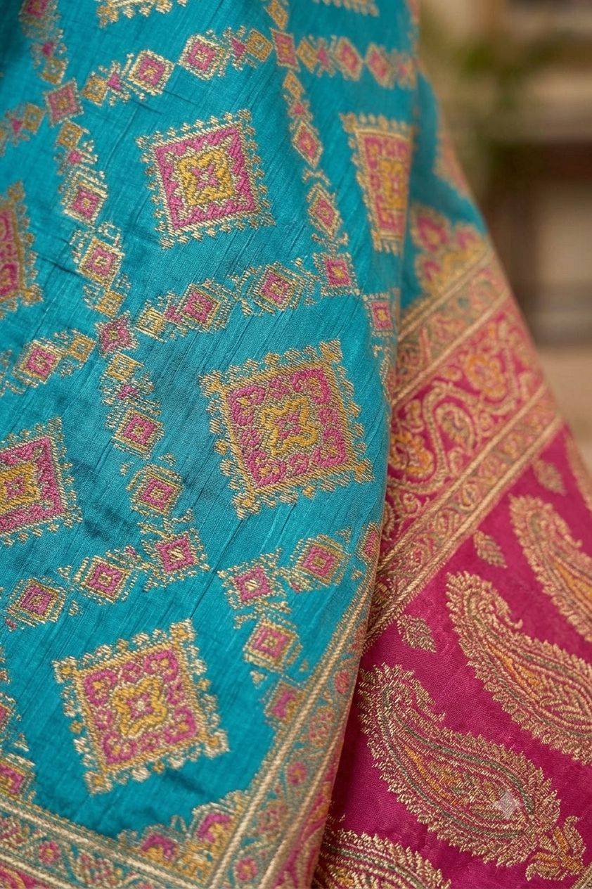 Turquoise tussar silky saree with pink patola and paisley zari border