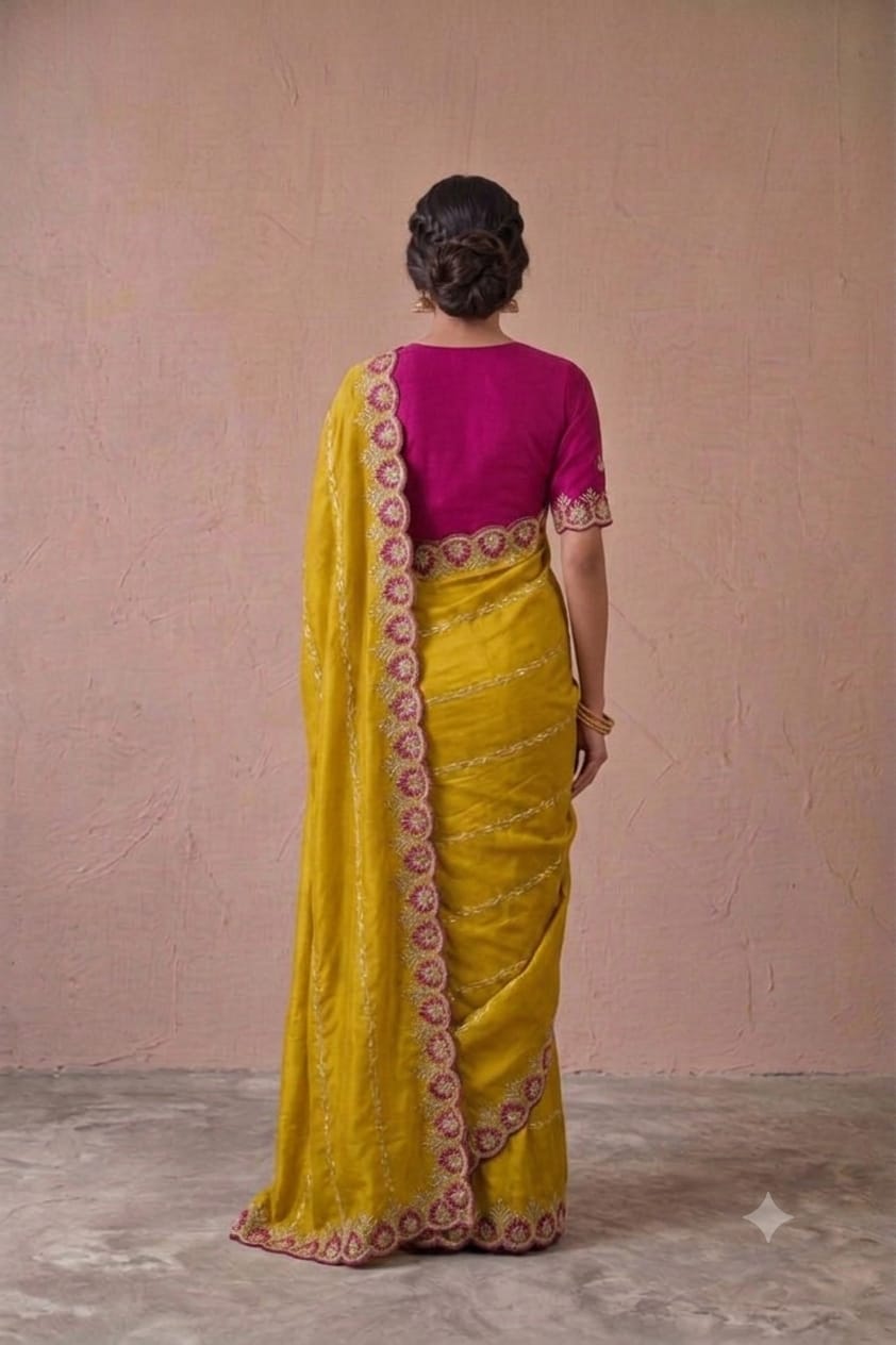 Yellow  chiffon fabric saree with shining texture