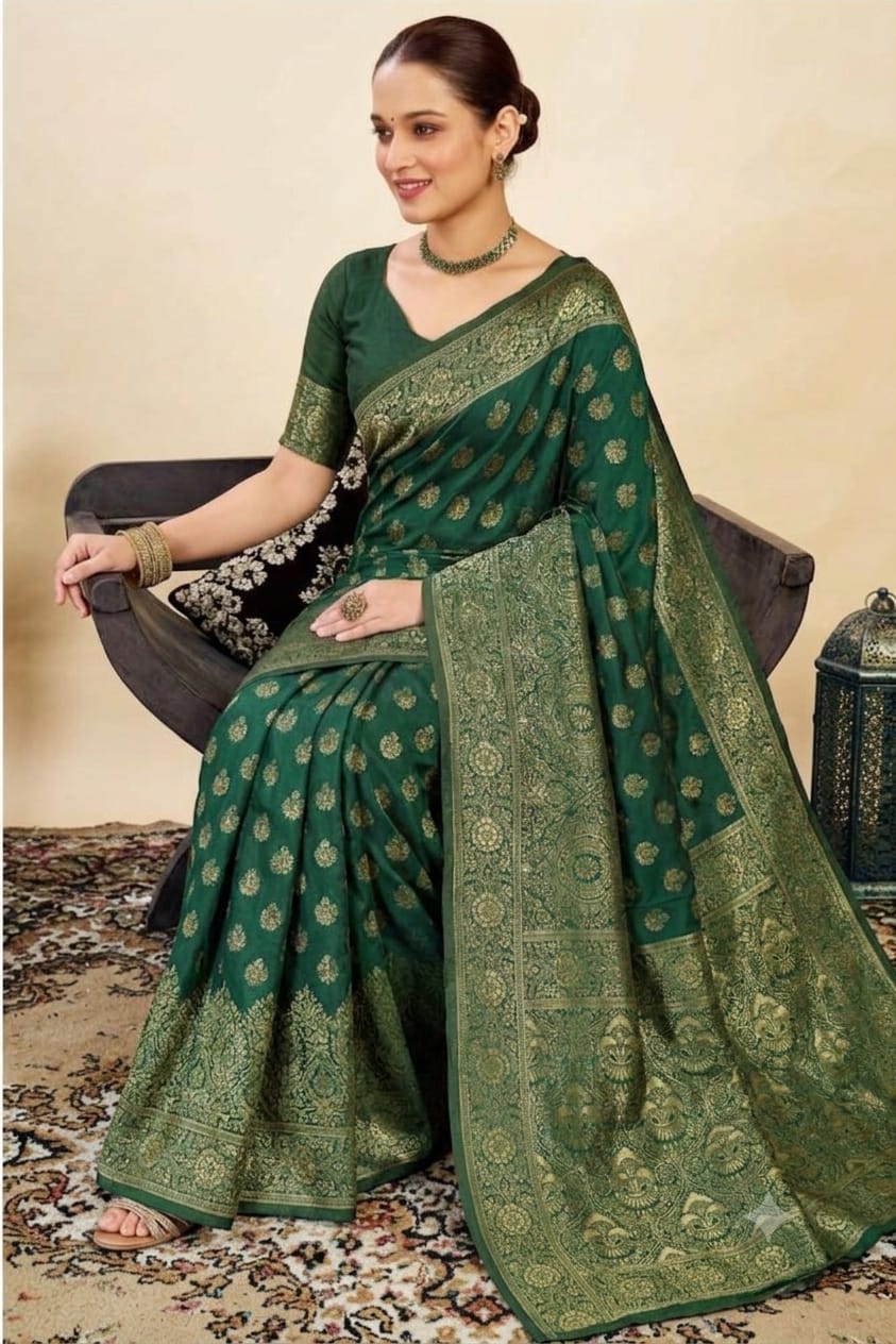 Dark natural green silk saree -modern style