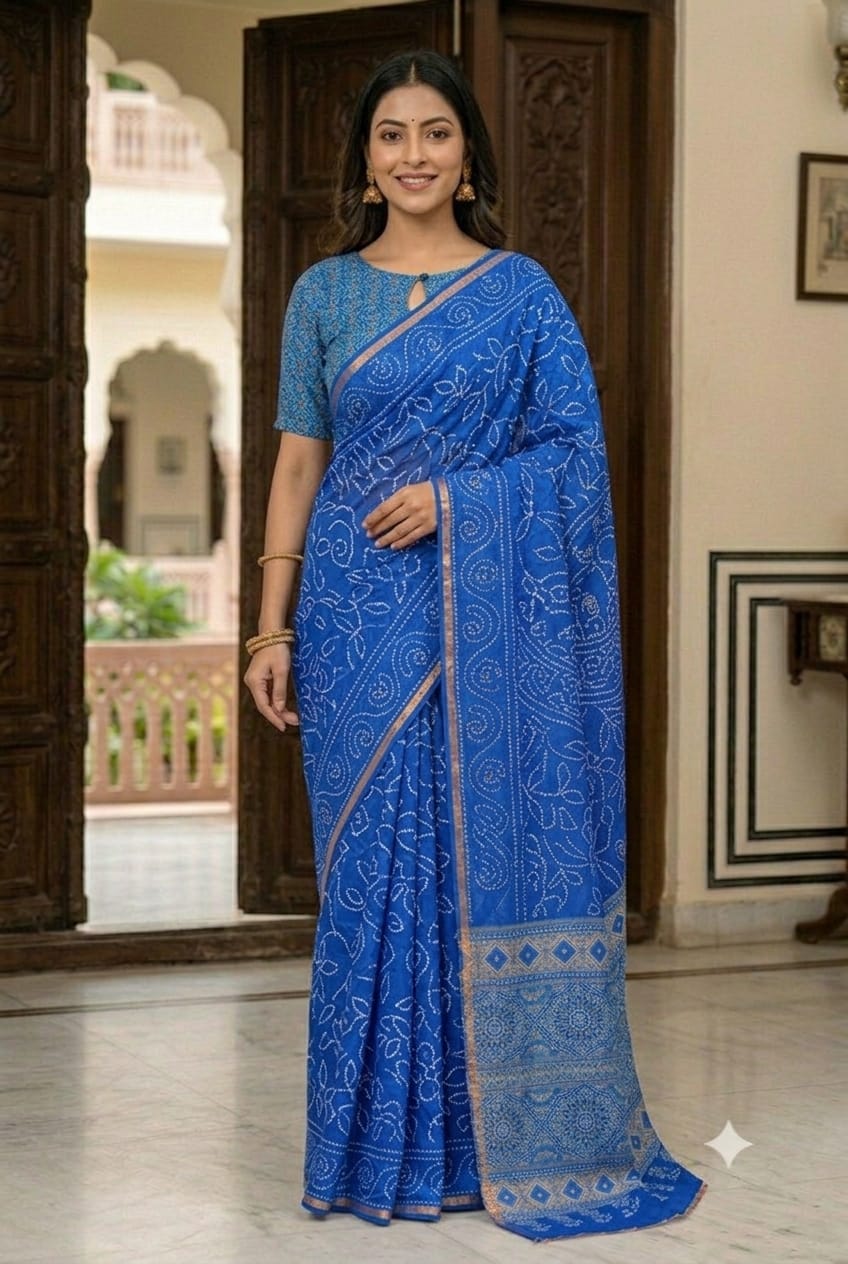 Asmani blue saree mixture of polyester fabric