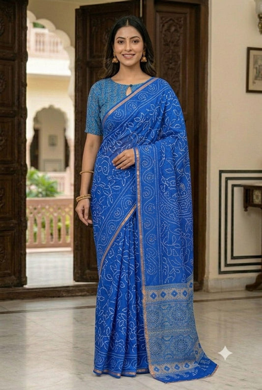 Asmani blue saree mixture of polyester fabric
