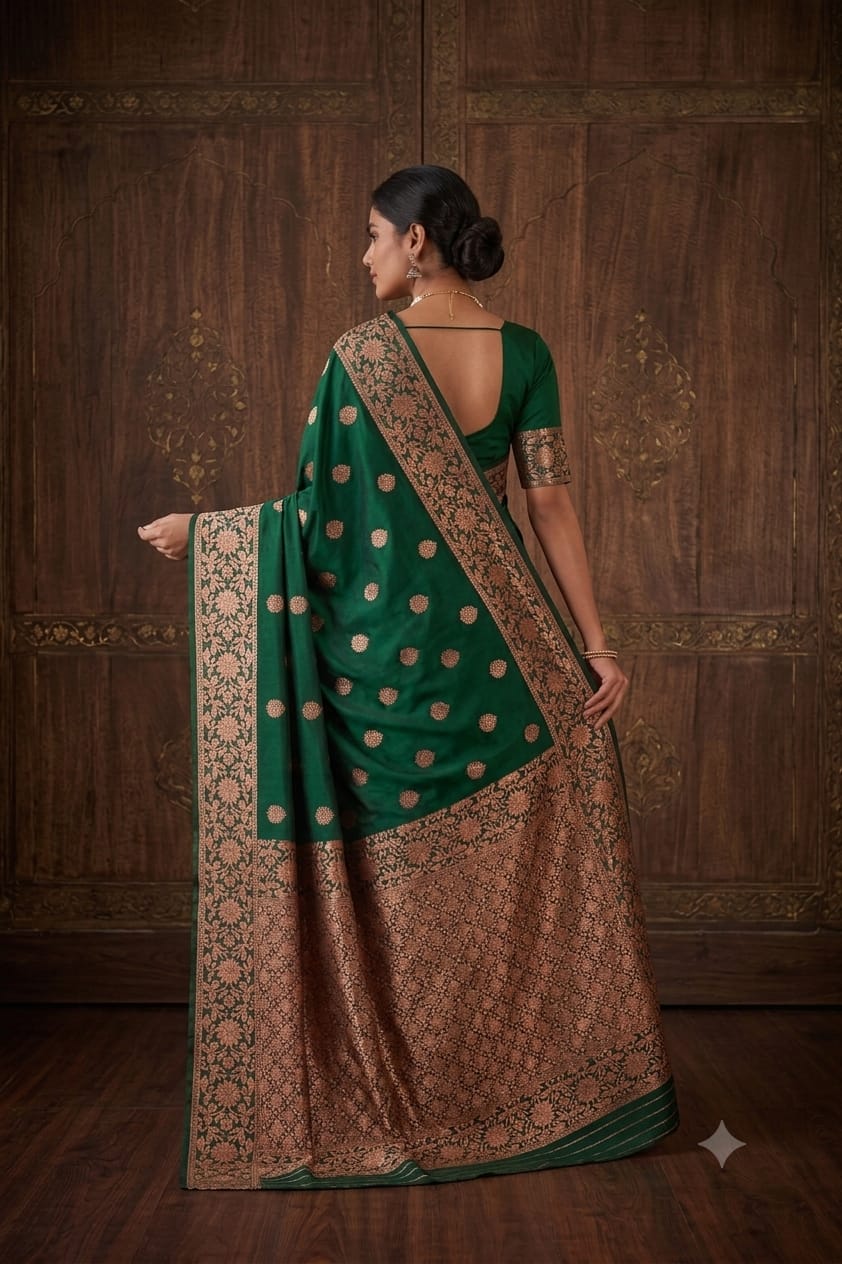 Darker green silk with jari work bnarsi saree