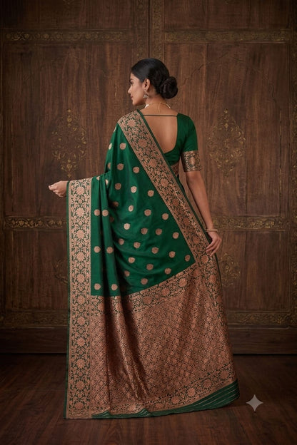 Darker green silk with jari work bnarsi saree