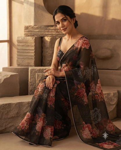 Exquisite black floral printed organza Saree with delicate embellished border