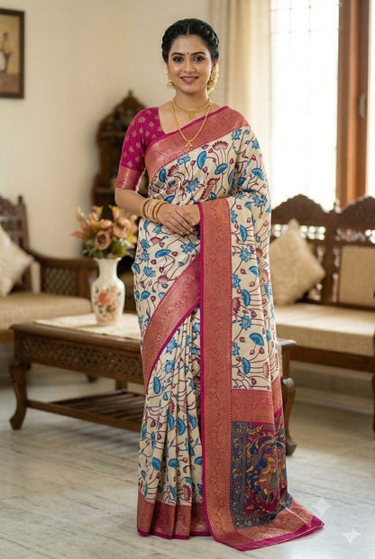 Mixture of silk and jari embroidery boundary saree