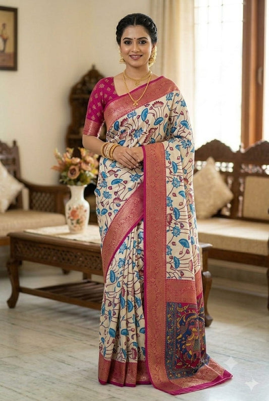 Mixture of silk and jari embroidery boundary saree