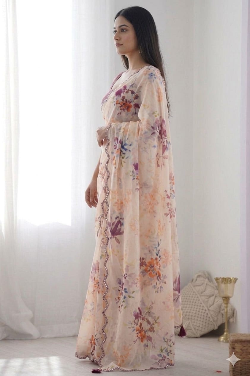 Light Creamy printed georgette saree ready to wear