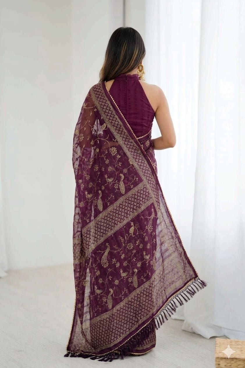 Dark bengani printed georgette saree with stylish daily wear