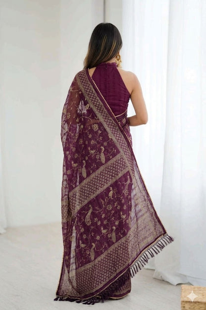 Dark bengani printed georgette saree with stylish daily wear