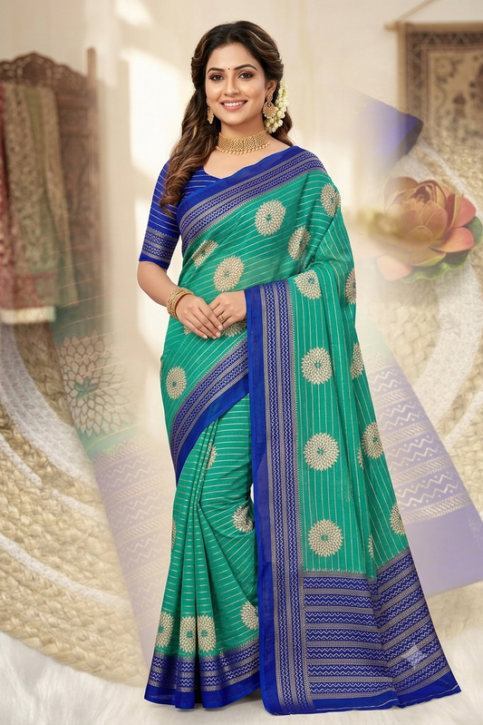 Radiant green floral motif saree with a mixture of silk&cotton