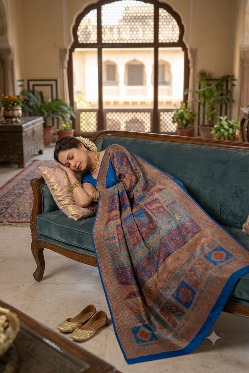 Exquisite royal blue silky saree with intricate patch work & zari border