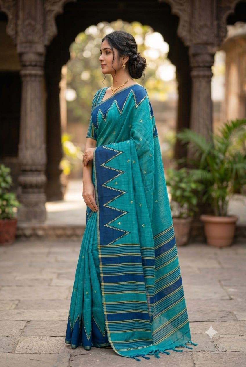 Dark asmani polyester fabric simple plain saree