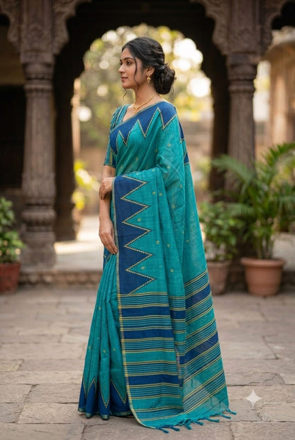 Dark asmani polyester fabric simple plain saree