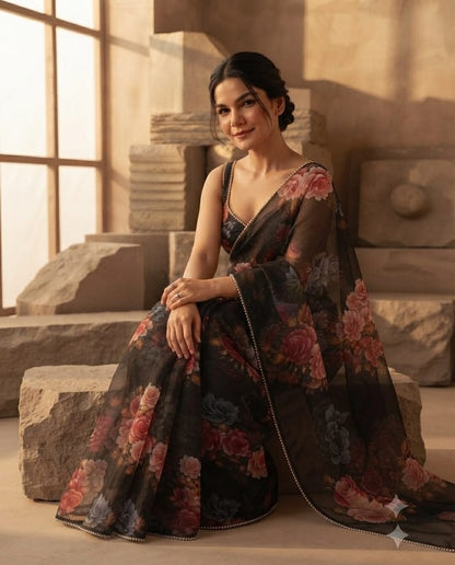 Exquisite black floral printed organza Saree with delicate embellished border