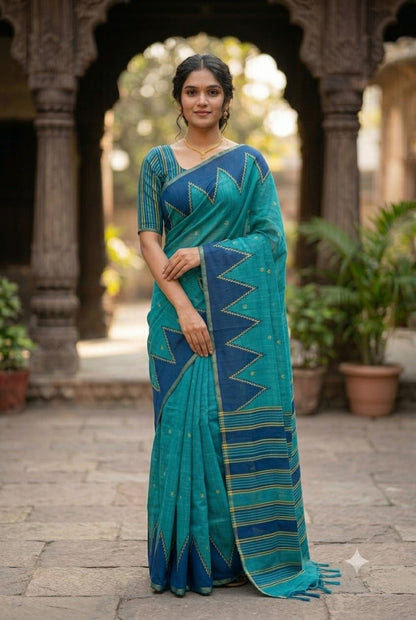 Dark asmani polyester fabric simple plain saree