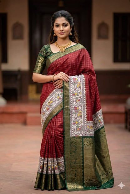 Maroon silky banarsi with green putta