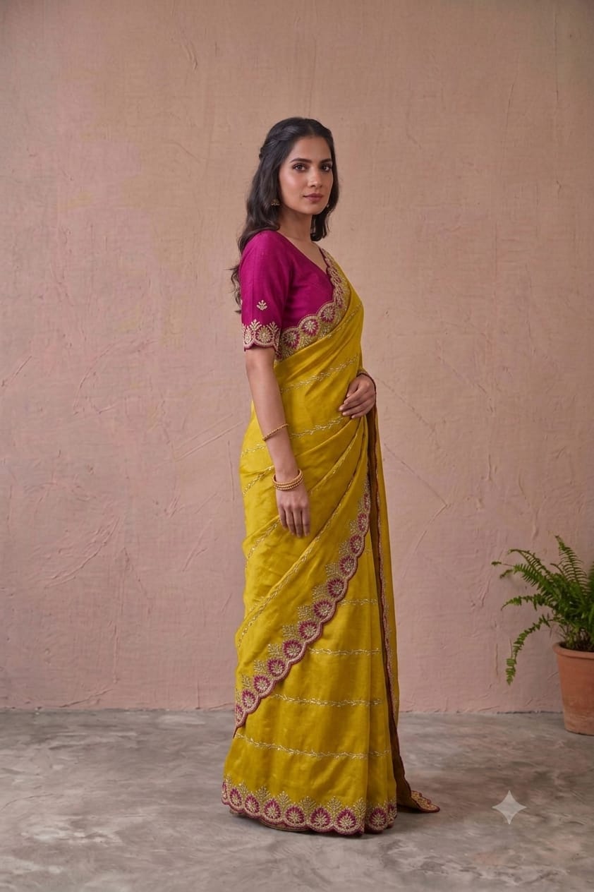 Yellow  chiffon fabric saree with shining texture