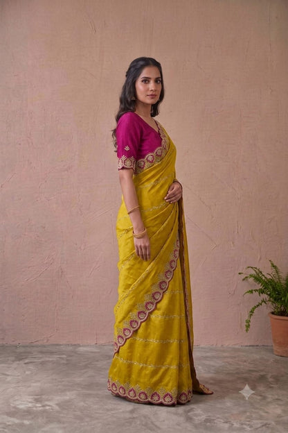 Yellow  chiffon fabric saree with shining texture