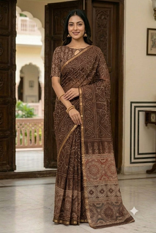 Chocolaty sandy mix polyester fabric saree