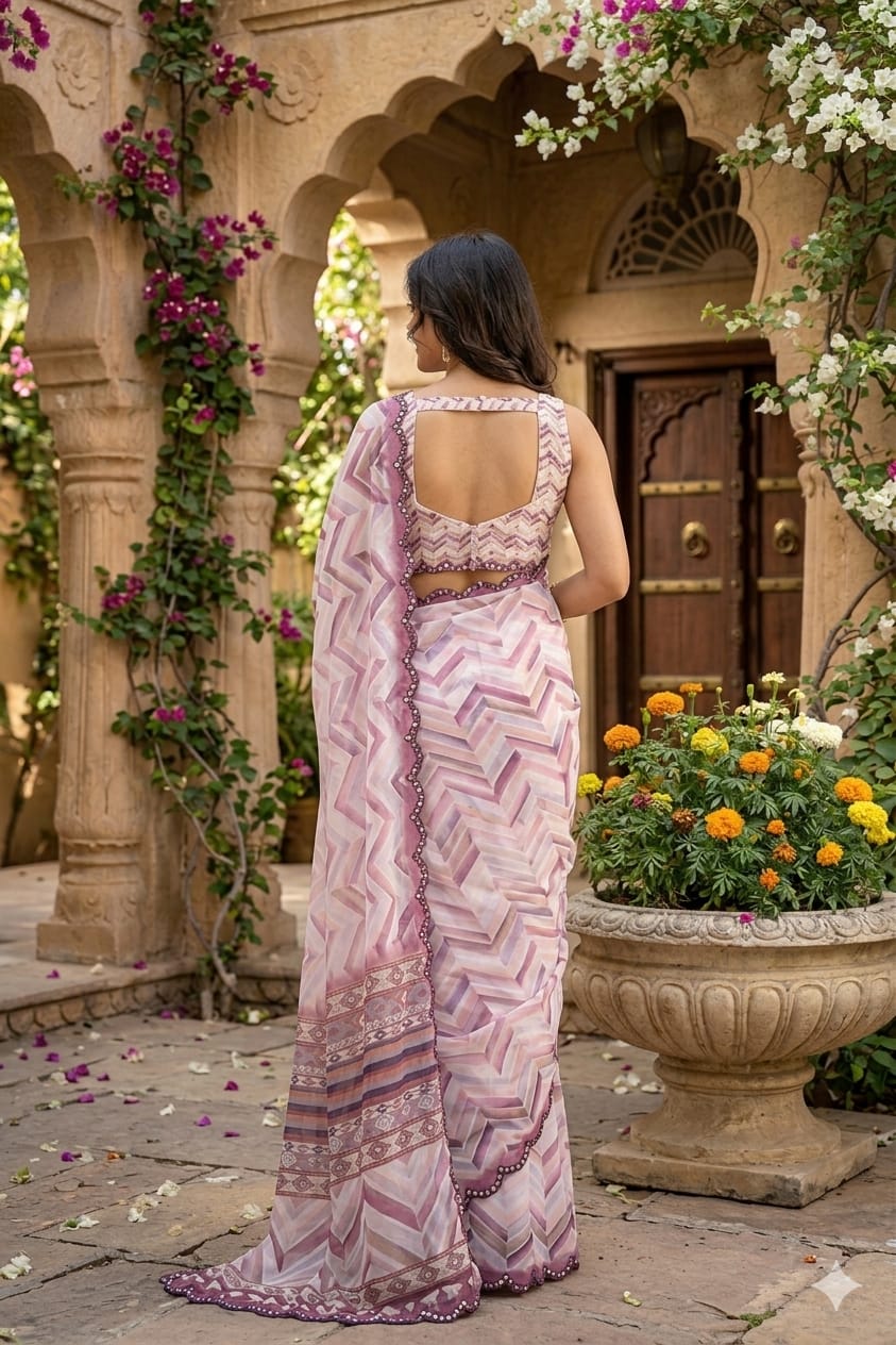 Sandy georgette printed saree with shining boundary
