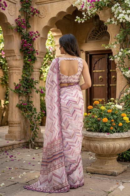 Sandy georgette printed saree with shining boundary