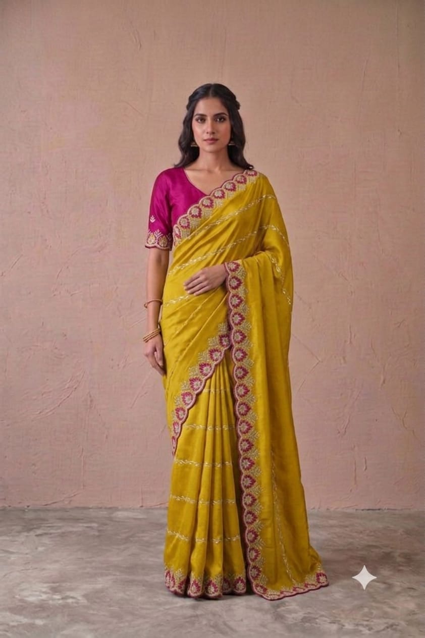 Yellow  chiffon fabric saree with shining texture