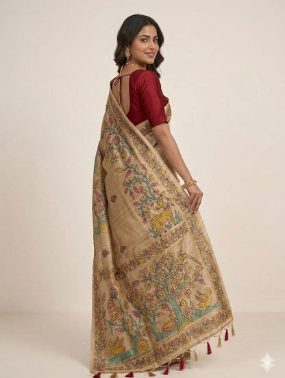 Golden silk banarsi saree -modern style -alongwith embroidery blouse & peticoat