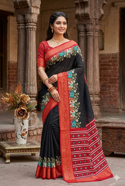 Black silky saree with kesar  boundary