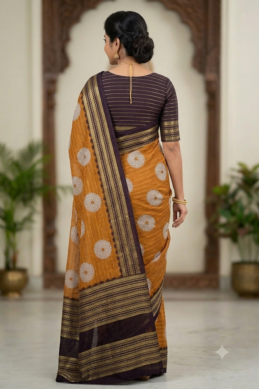 Dark yellow with chocolatey border polyester fabric saree