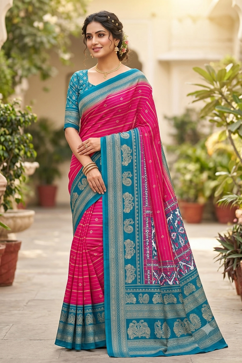 Dark pinky georgette saree with shining texture