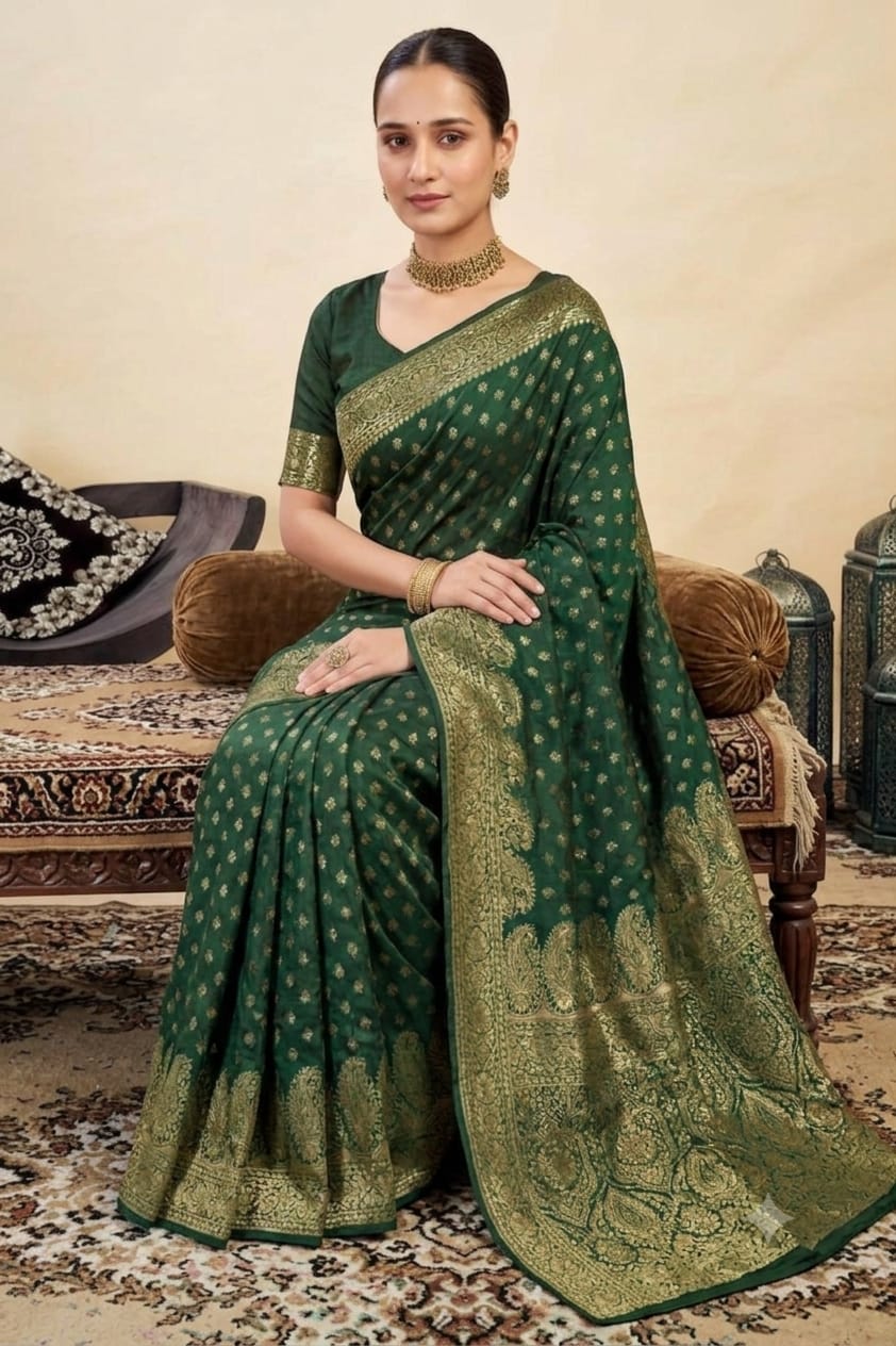 Dark green silk banarsi saree with jari work energy