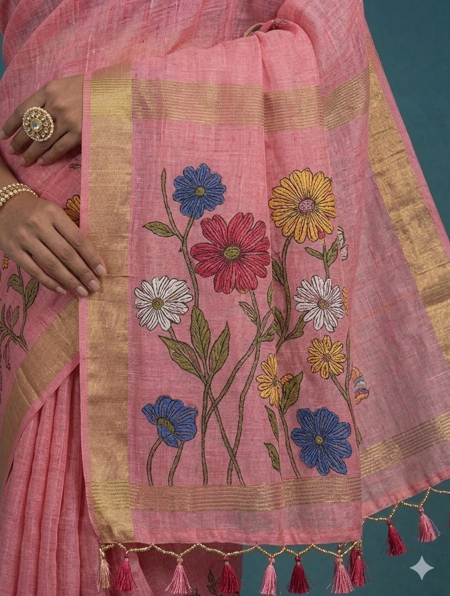 Pinky promise organza -embroidery jari cotton boundary along with cotton blouse