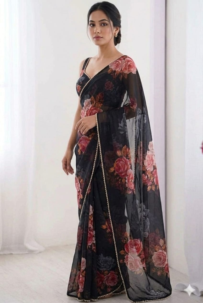 Black Georgette printed saris light weight breathable