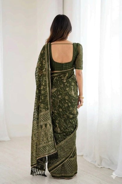 Black printed georgette saree with full sleeves blouse