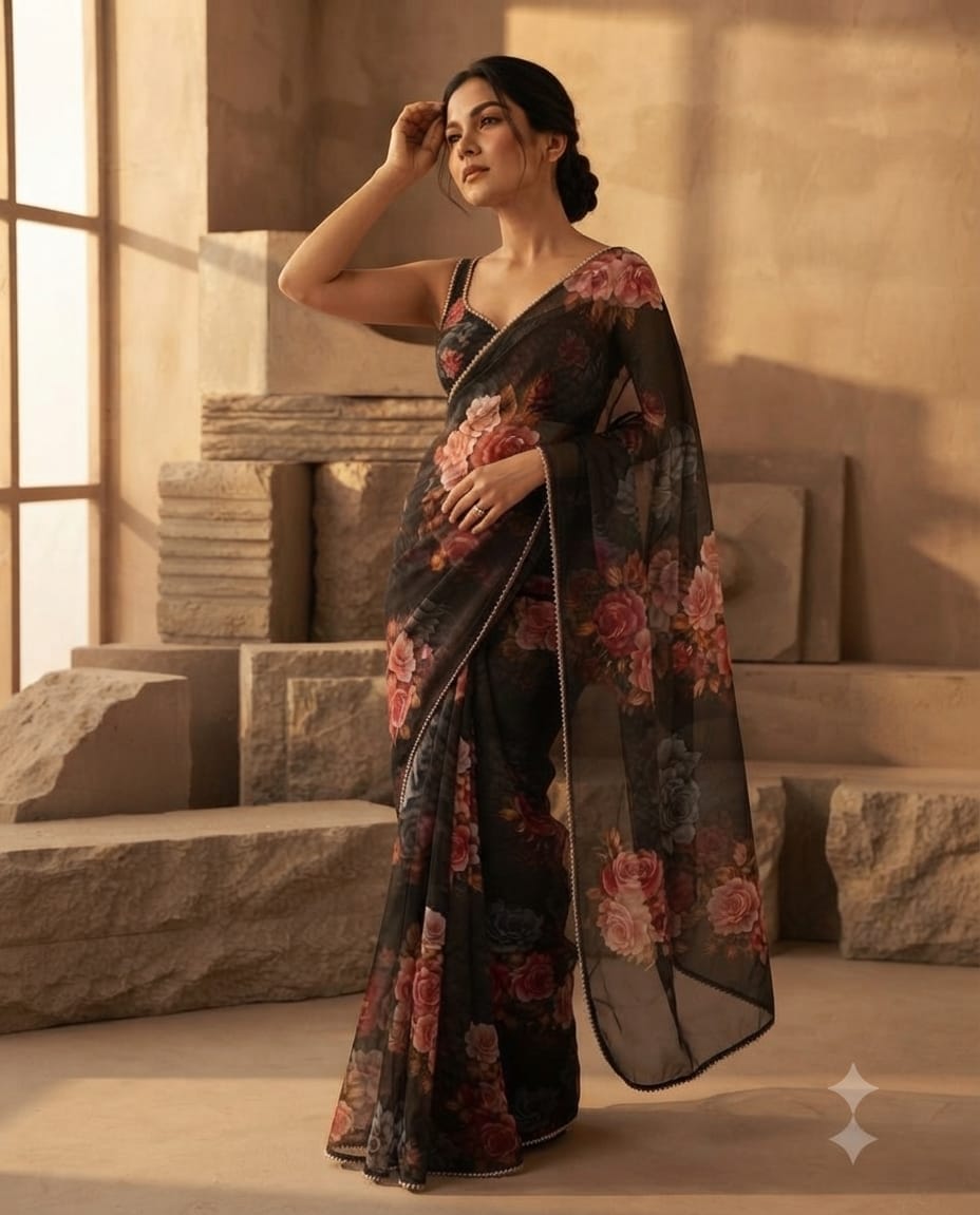 Exquisite black floral printed organza Saree with delicate embellished border